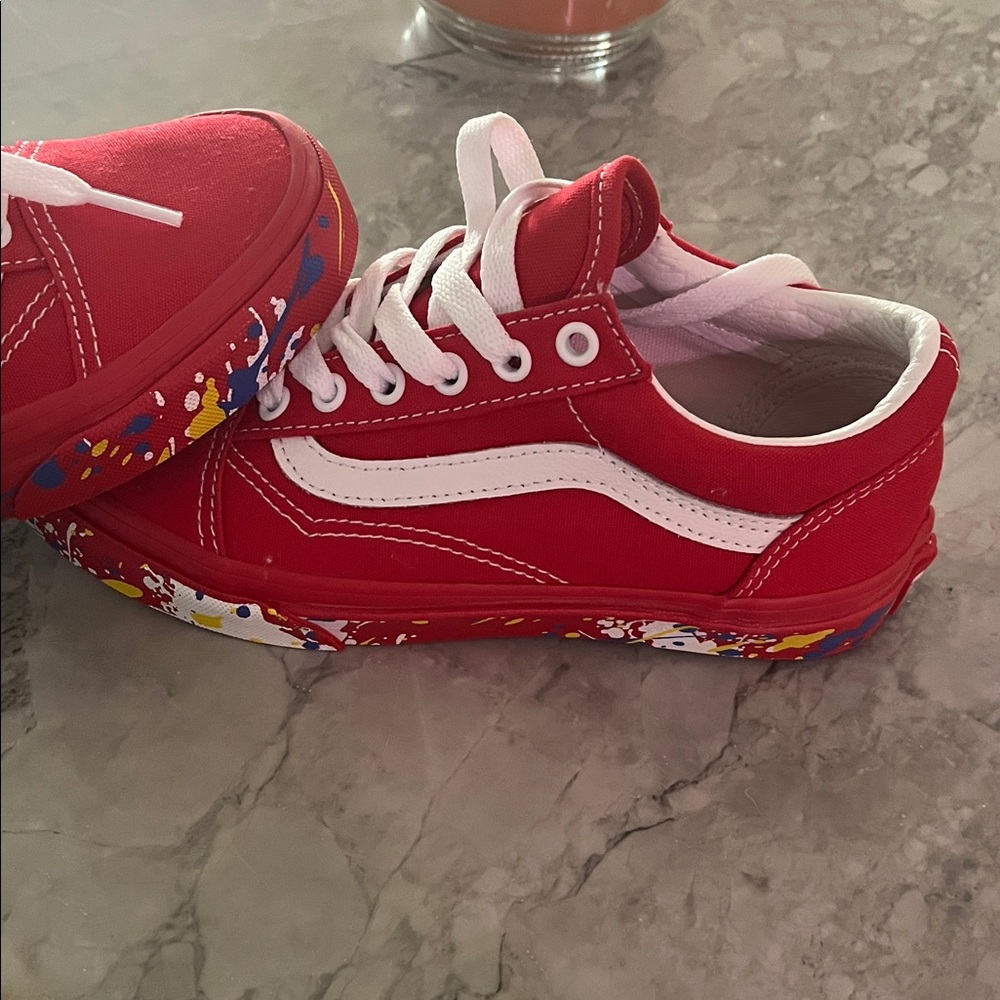 Vans Kids Red and White Sneakers with Colorful Sole